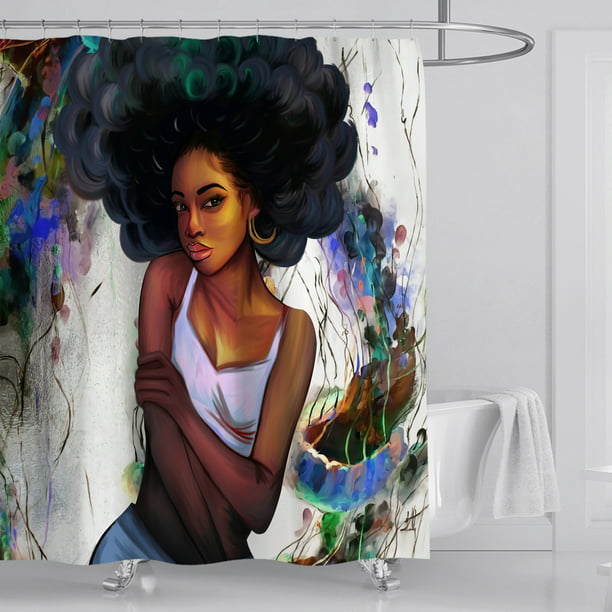 Makeup Afro African American Pretty Girl Fabric Shower Curtain Set Polyester New